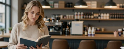 Female pharmacist reading a book at a modern coffee shop