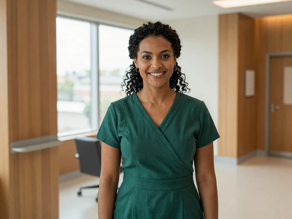 Female obstetrician smiling in a modern private clinic lobby