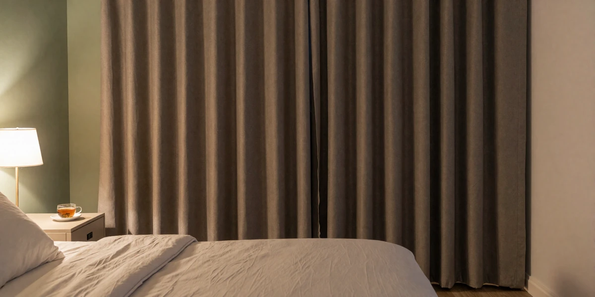 Calm modern bedroom with blackout curtains and warm lamplight for day sleeping after night shift