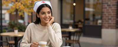 Female ER nurse relaxing at an outdoor cafe with a latte