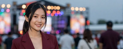 Young Asian American nurse enjoying an evening outdoor concert