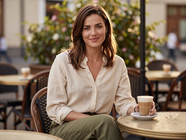 Female nurse in casual weekend wear relaxing at an outdoor cafe