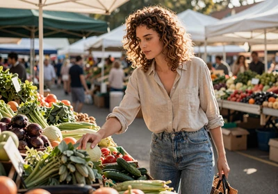 Young nurse practitioner browsing produce at a weekend farmers market