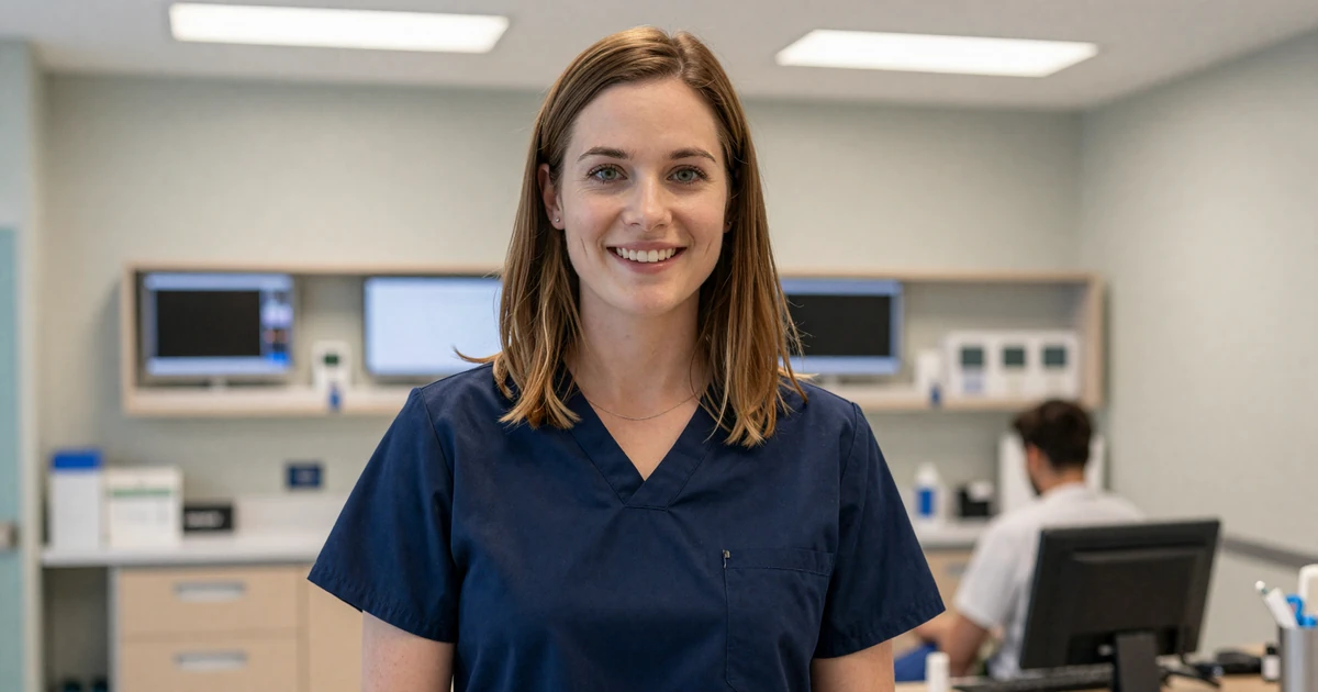 Female nurse smiling warmly at a bright hospital nurses station