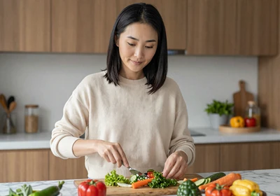 Woman doctor preparing a healthy meal in a bright kitchen