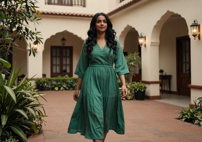 Woman dermatologist walking through a boutique hotel courtyard