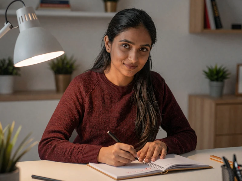 South Asian American woman pediatrician planning her week at her home office desk with warm lamp light