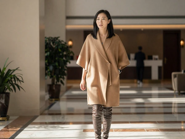 Nurse practitioner in a camel coat walking through a modern hotel lobby