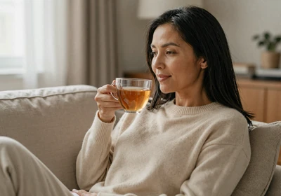 Woman doctor relaxing at home with tea after a long shift
