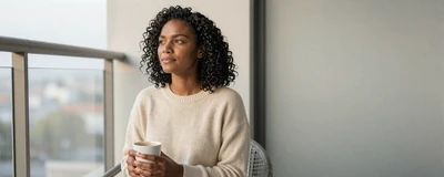 Female respiratory therapist enjoying a quiet morning coffee on a balcony