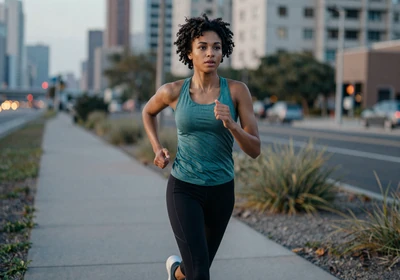Woman doctor running on a city trail at dawn