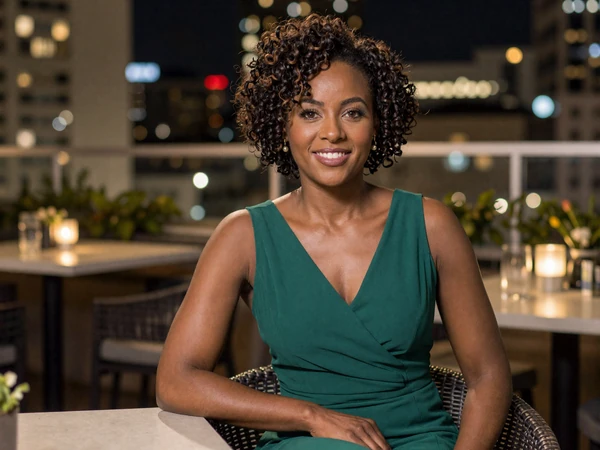 Female surgeon in elegant evening wear at a rooftop bar with city lights