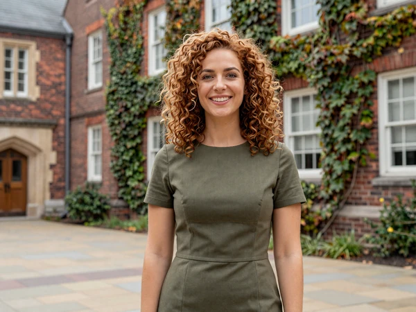 Female neurologist smiling in a university campus courtyard