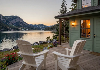 Luxury cabin porch overlooking a mountain lake at sunset