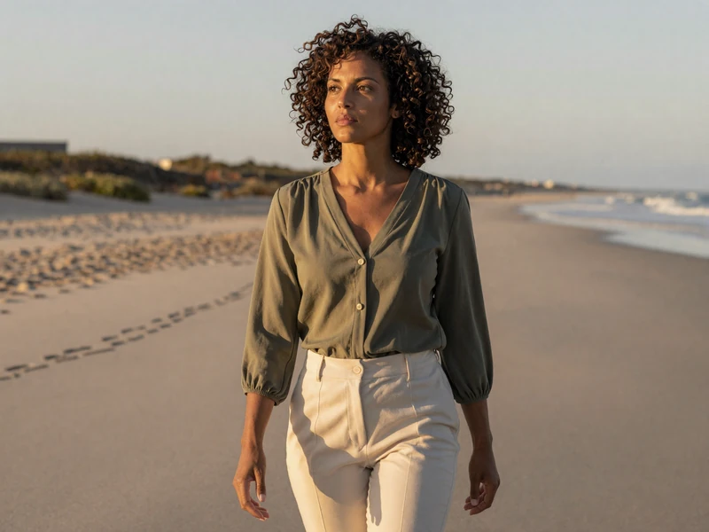 Female oncologist walking on a beach at sunset in a flowing olive blouse