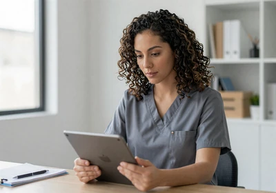 Female plastic surgeon reviewing patient notes in a modern office