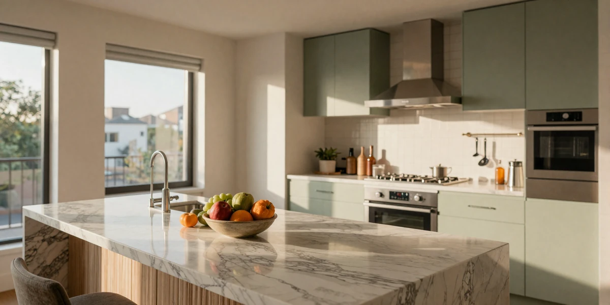 Upscale apartment kitchen with breakfast bar and morning sunlight