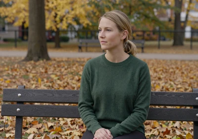 Female nephrologist sitting peacefully on a park bench on an autumn afternoon