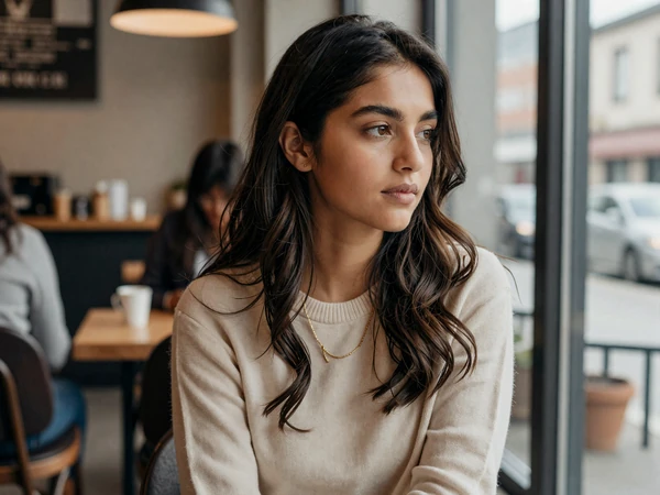 Female paramedic reflecting during a quiet moment at a modern coffee shop