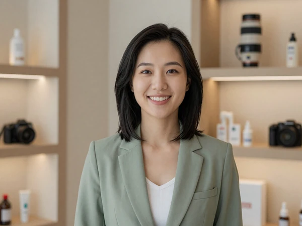 Female dermatologist smiling in a luxury skincare boutique