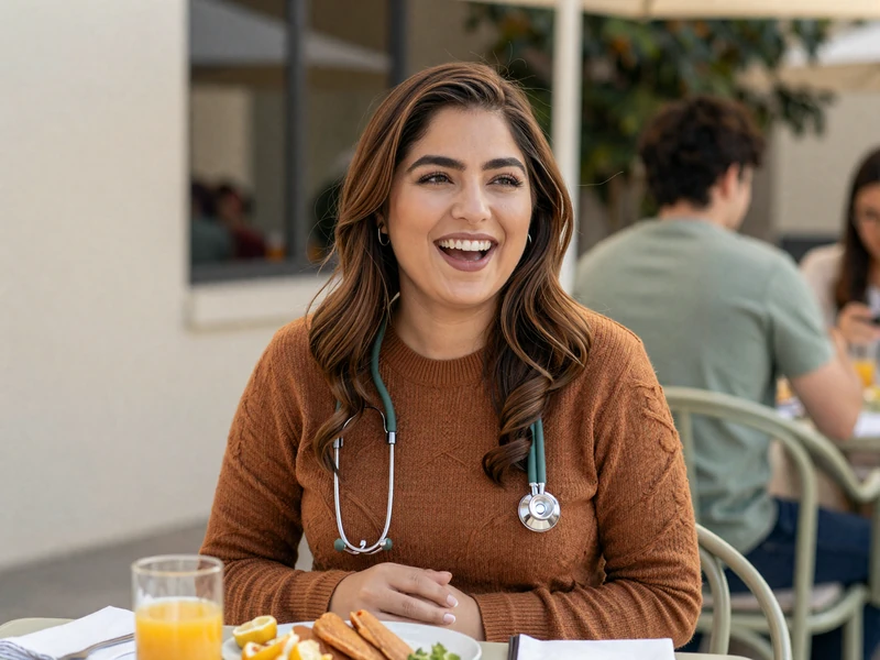 Female nurse enjoying a relaxed weekend brunch outdoors in warm morning light