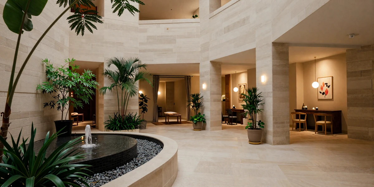 Tranquil boutique hotel lobby with natural elements and warm lighting