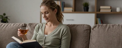 Female travel nurse relaxing in a cozy temporary apartment with a book