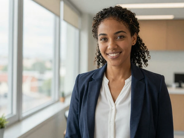 Female ophthalmologist smiling in a bright modern office