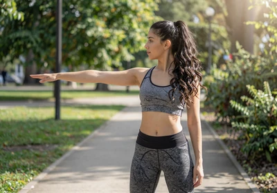 Female urologist stretching in a sunny park before a morning run