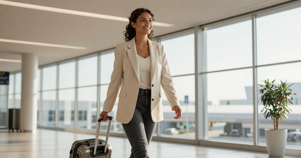 Female travel nurse pulling a suitcase through a bright airport terminal