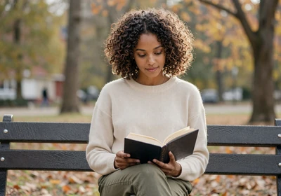 Nurse practitioner reading a book on a park bench in autumn
