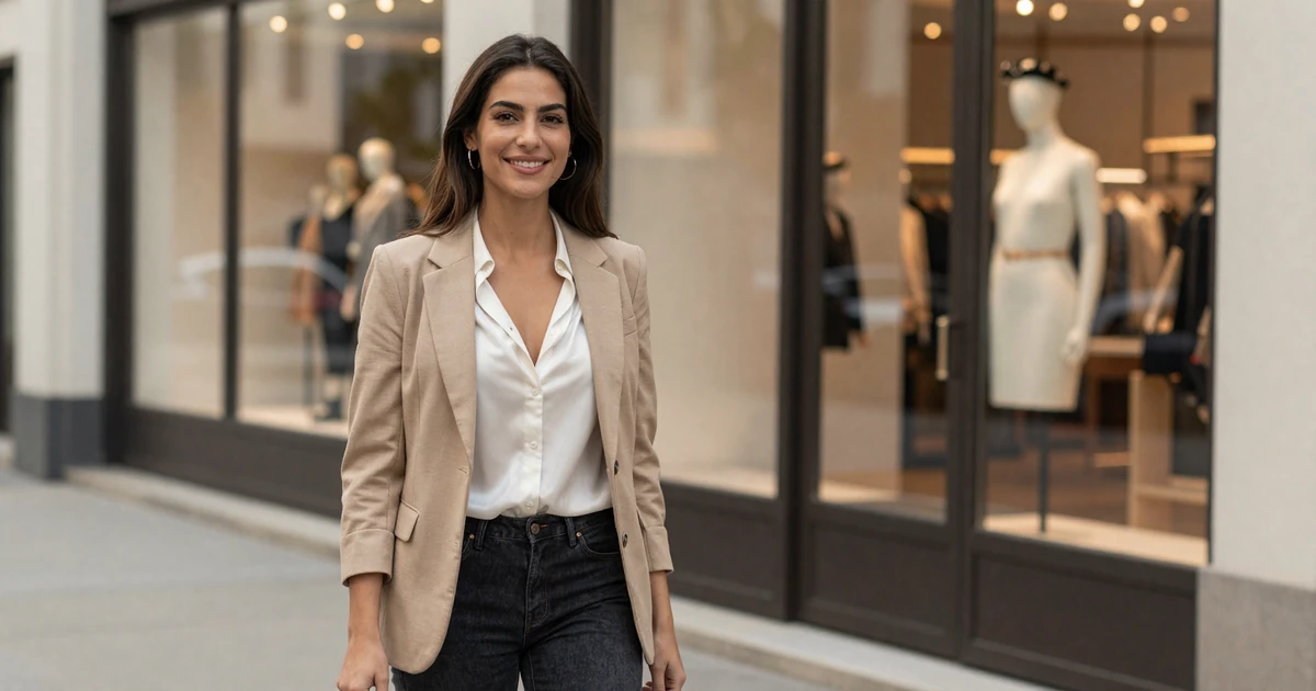 Female physician assistant shopping at a premium boutique on a sunny city street