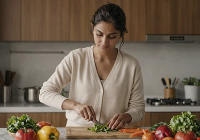 Woman doctor cooking fresh vegetables in a modern kitchen at home