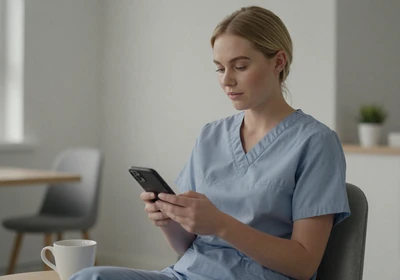 Woman doctor checking her phone during a quiet moment in a hospital break room