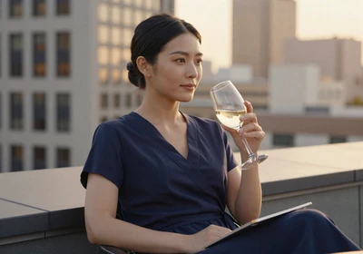 Female plastic surgeon relaxing on a city rooftop at sunset