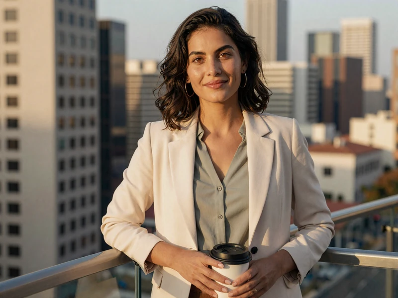 Female otolaryngologist enjoying coffee on a city balcony in morning light