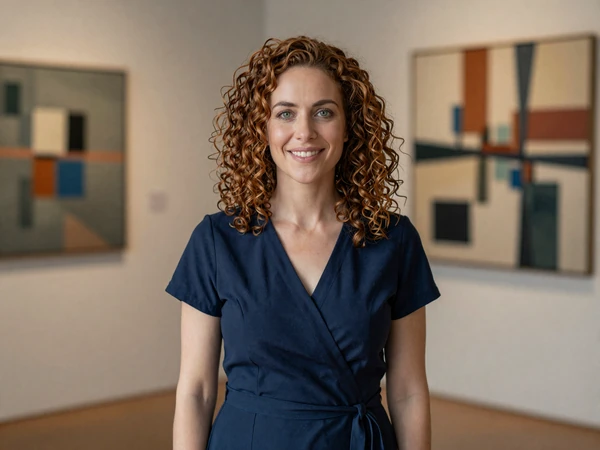 Female radiologist smiling in a modern art gallery
