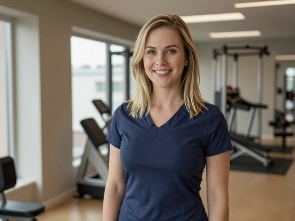 Female orthopedic surgeon smiling in a modern upscale gym after a morning workout