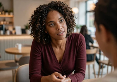 Woman having a deep conversation at a quiet upscale cafe
