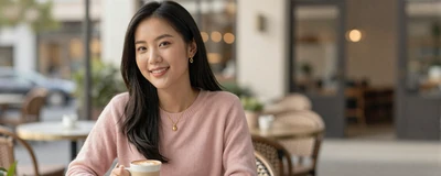 Female physician assistant enjoying a latte at an outdoor cafe