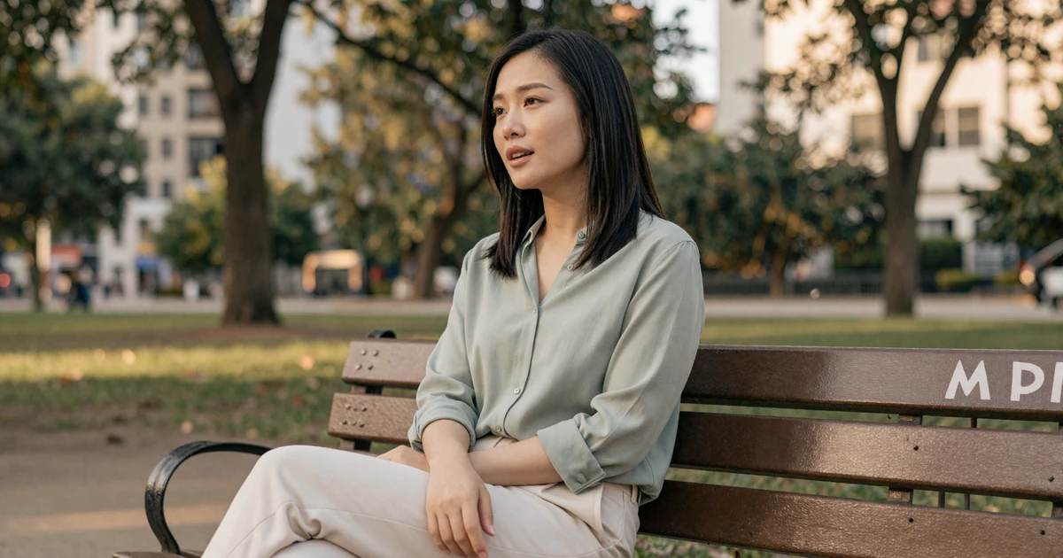 Asian American woman doctor having a deep conversation on a park bench during golden hour