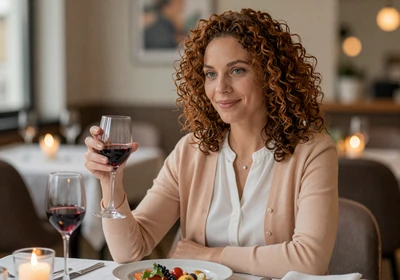 Female nephrologist enjoying a quiet candlelit dinner at an upscale restaurant