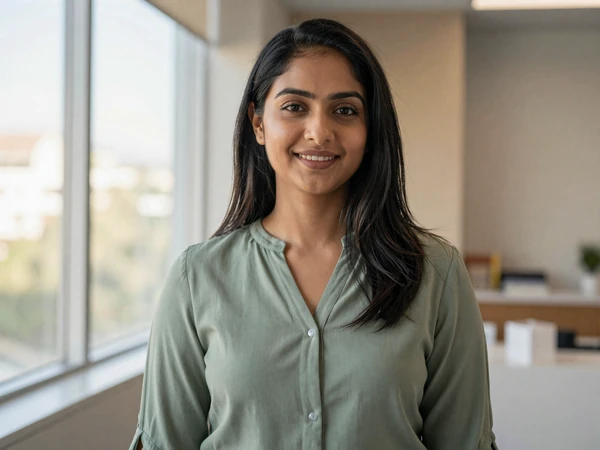 Female endocrinologist smiling warmly in a bright modern clinic office
