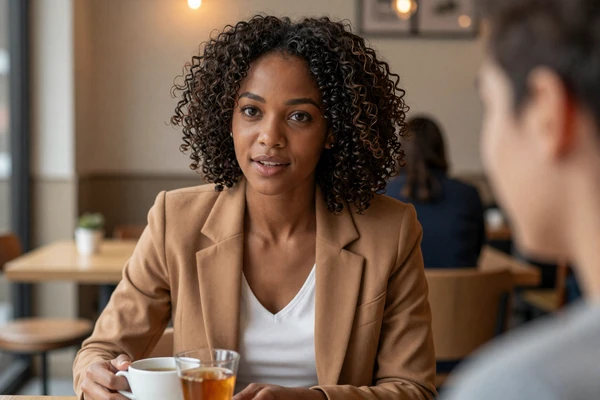 Woman doctor in deep conversation at a quiet cafe with warm lighting