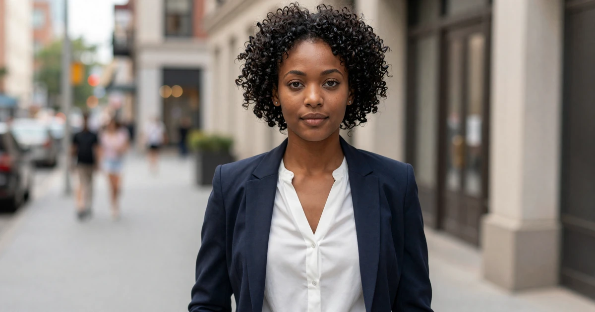 Confident female paramedic in business casual attire standing in an urban setting