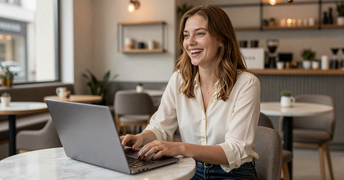 Female doctor laughing at a modern coffee shop, enjoying a relaxed moment outside of work