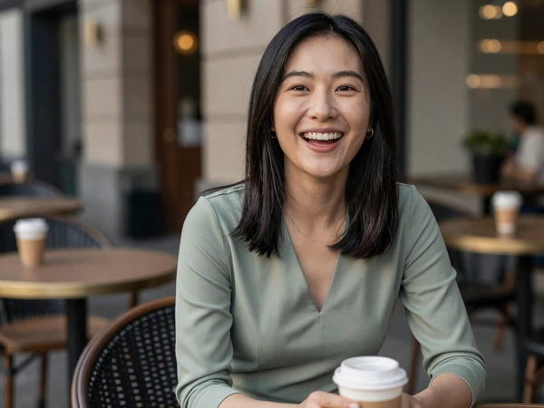 Asian female physical therapist laughing at an outdoor cafe