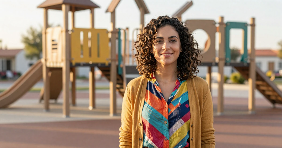 Female pediatrician in smart-casual attire standing at a sunlit modern playground on a warm afternoon