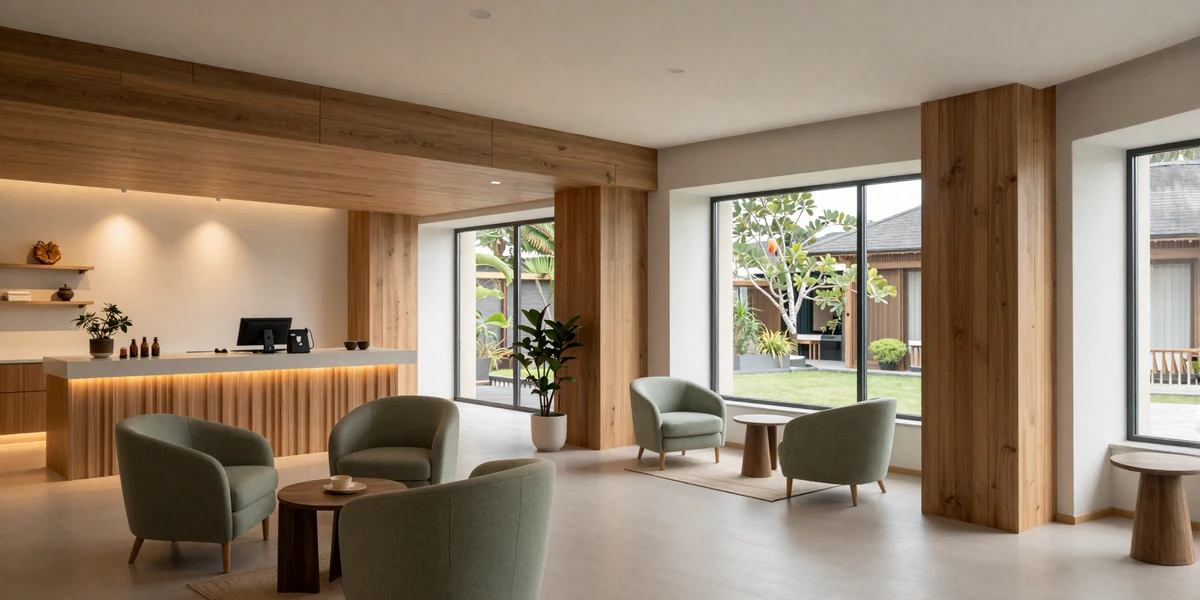 Boutique hotel lobby with warm wood accents and sage green seating