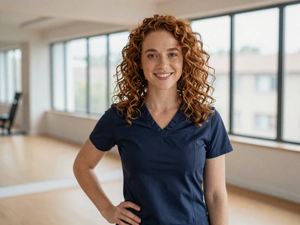Female emergency nurse smiling in a bright modern fitness studio